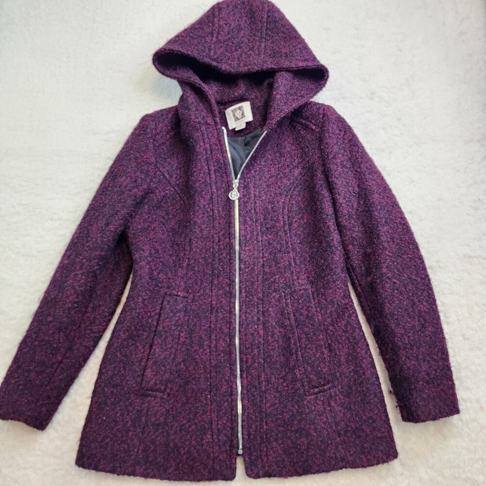 Anne Klein Peacoat Jacket Sm Purple Black Knit Hooded Full Zip Pockets Wool
